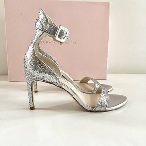Sophia Webster Nicole Silver Glitter Midi Heels Straps Sandals SZ 6/36
